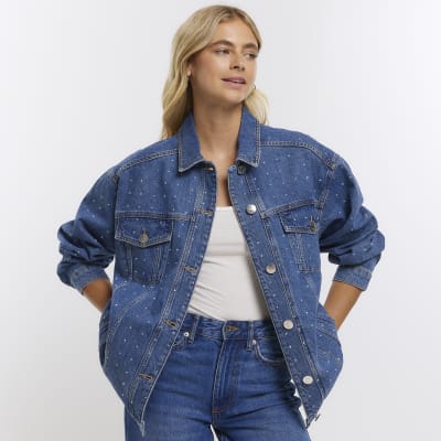 Blue oversized embellished denim jacket River Island