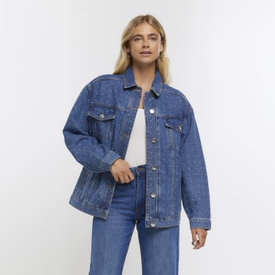 River island mid blue puff shoulder denim jacket online