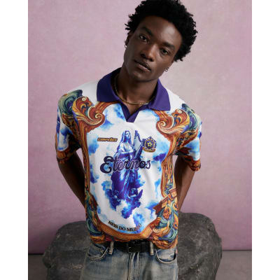 Blue Oversized Fit Floral Football Polo Shirt