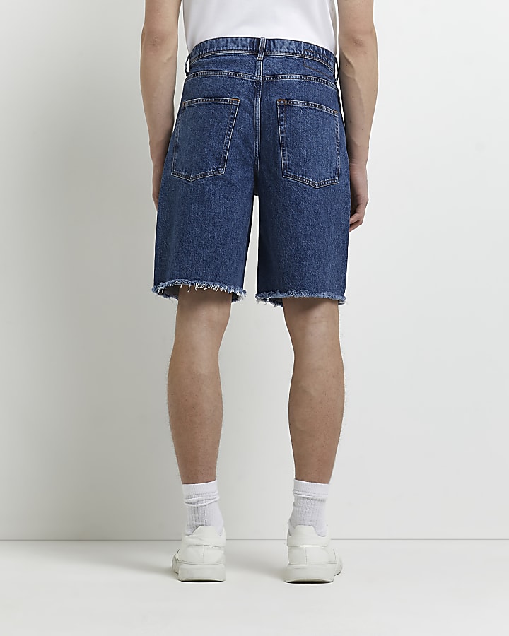 Blue oversized fit frayed denim shorts
