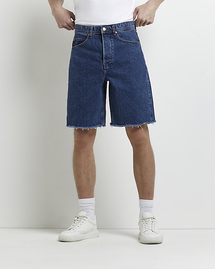 Blue oversized fit frayed denim shorts