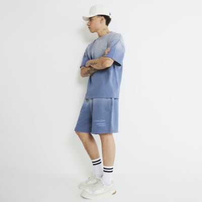 Blue Oversized Fit Ombre Washed Shorts