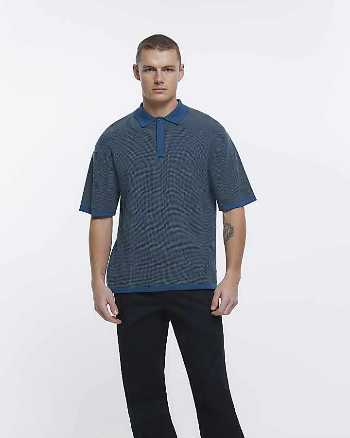 Blue oversized fit textured polo