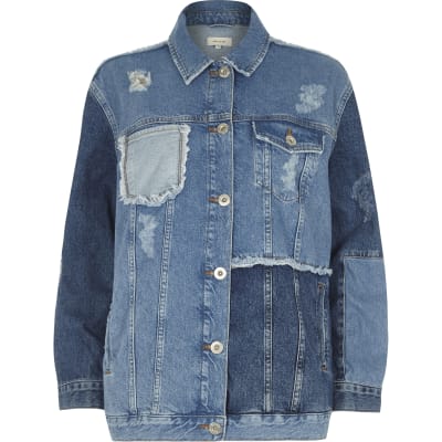 Blue oversized patchwork denim jacket