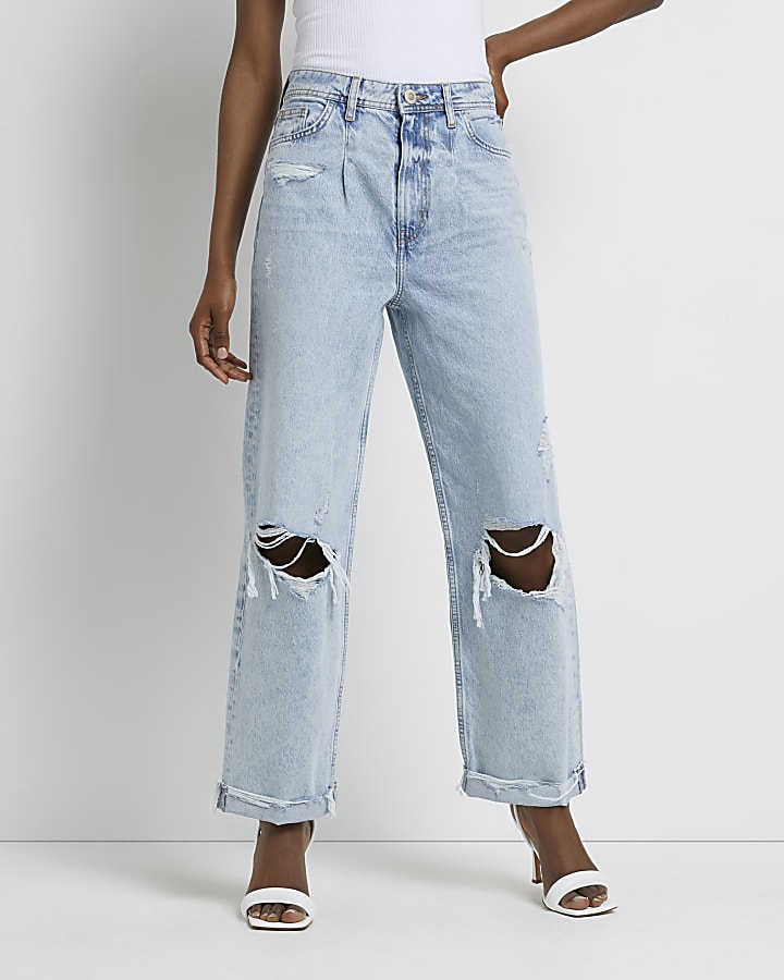 Blue oversized ripped high waisted mom jeans