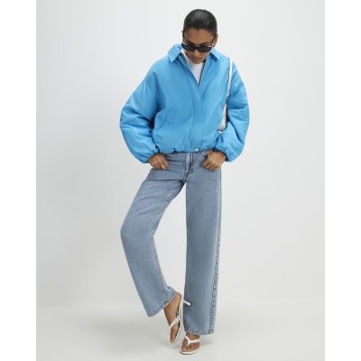 Blue Padded Collared Bubble Hem Jacket