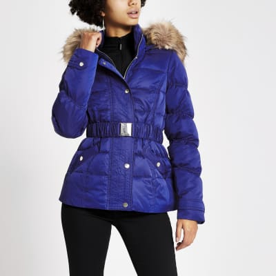 blue padded coat with fur hood