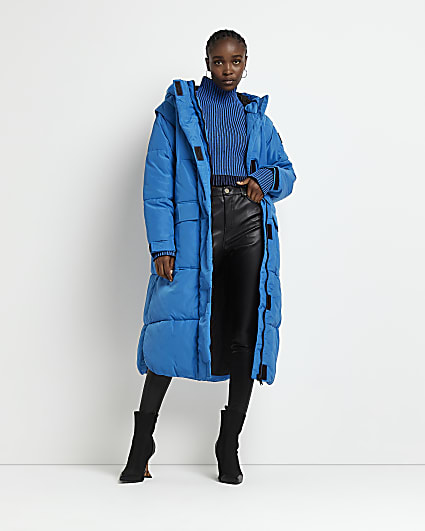 Blue padded longline hooded puffer coat