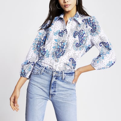 Blue paisley print broderie shirt | River Island