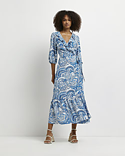 Blue paisley print wrap midi dress