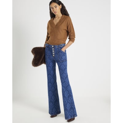 Blue Paisley Relaxed Flared Jeans
