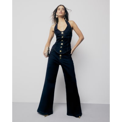 Blue Palazzo Embellished Button Front Jeans