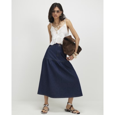 Blue Panelled Denim Midi Skirt