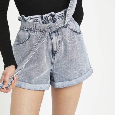 Blue paperbag denim shorts