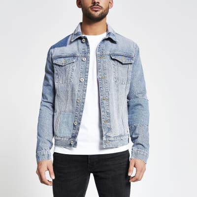 Blue patchwork classic fit denim jacket | River Island