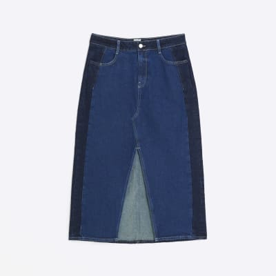 Blue patchwork denim maxi skirt | River Island