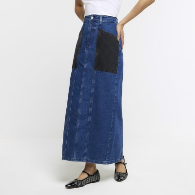 Blue patchwork denim maxi skirt | River Island