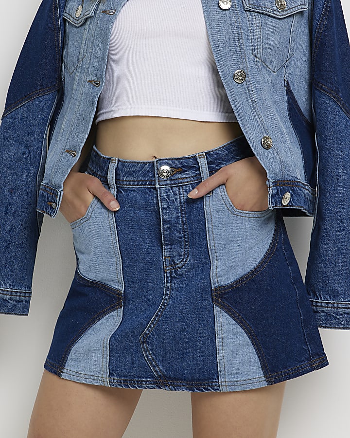 Blue patchwork denim mini skirt