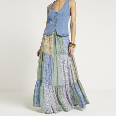 Blue patchwork floral maxi skirt