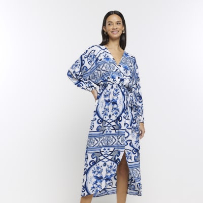 Blue patterned kimono wrap midi dress | River Island