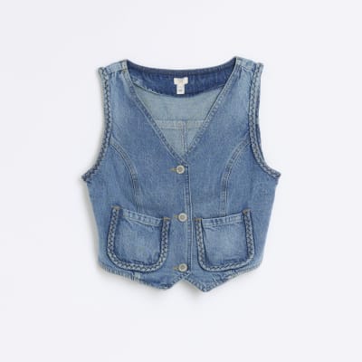 Blue plait detail denim waistcoat | River Island