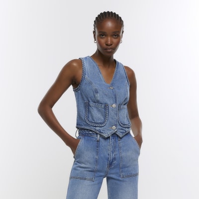 Blue plait detail denim waistcoat | River Island