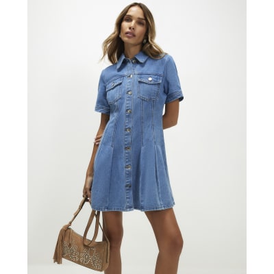 river island blue pleated dress Blue Print Pleated Poplin Midi Dress