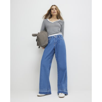 Blue Pleat Front Wide Leg Jeans