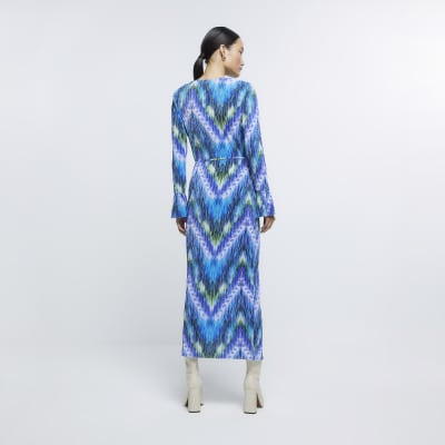Blue pleated abstract bodycon midi dress