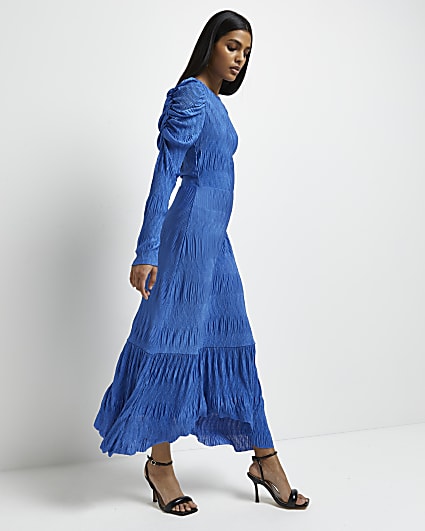 Blue pleated asymmetric midi dress