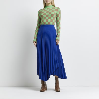 Blue pleated asymmetric wrap skirt River Island