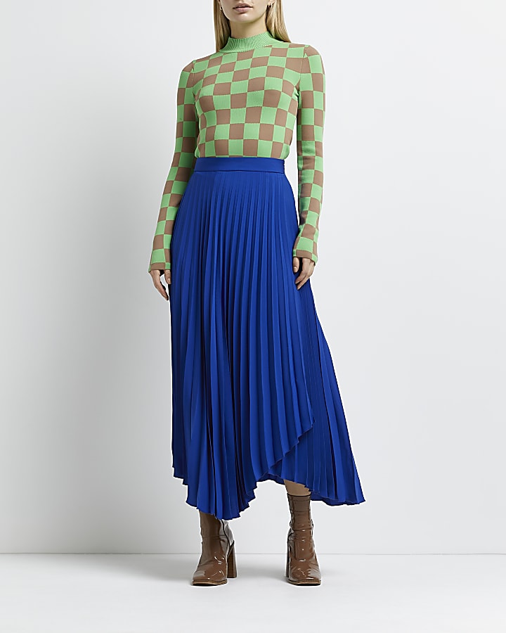 Blue pleated asymmetric wrap skirt