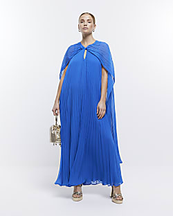 Blue pleated cape maxi dress