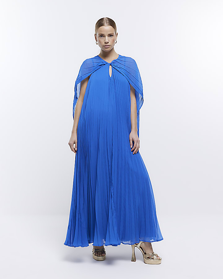 Blue pleated cape maxi dress