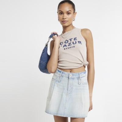 Blue pleated denim mini skirt