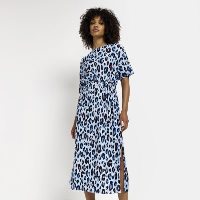 Blue plisse animal print midi t-shirt dress | River Island