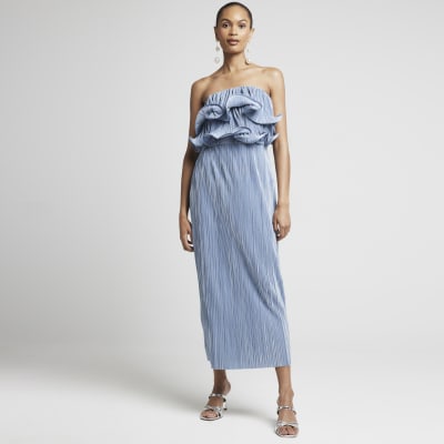 4510301 Blue Pleated Frill Dress