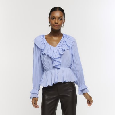 Blue plisse frill blouse River Island