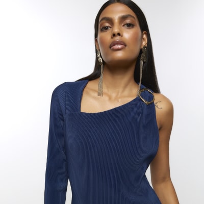 Blue Plisse Long Sleeve Bodycon Midi Dress River Island