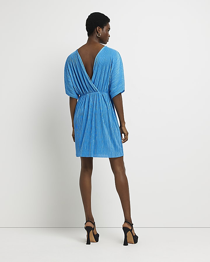 Blue plisse short sleeve mini wrap dress