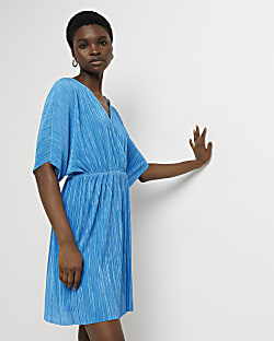 Blue plisse short sleeve mini wrap dress