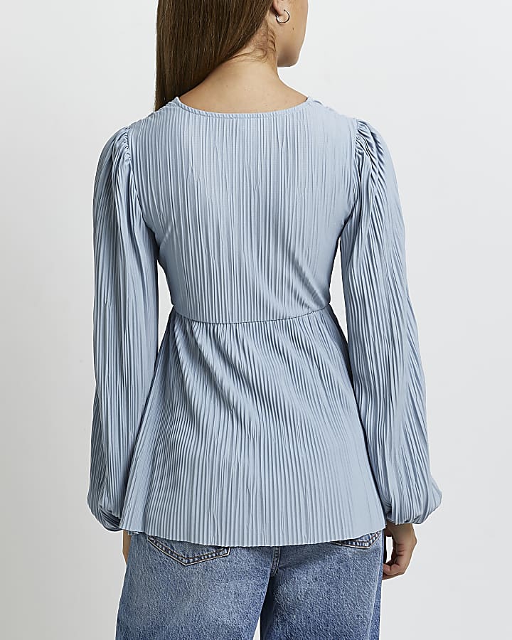 Blue plisse twist front blouse