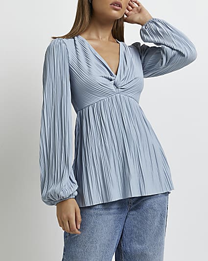 Blue plisse twist front blouse