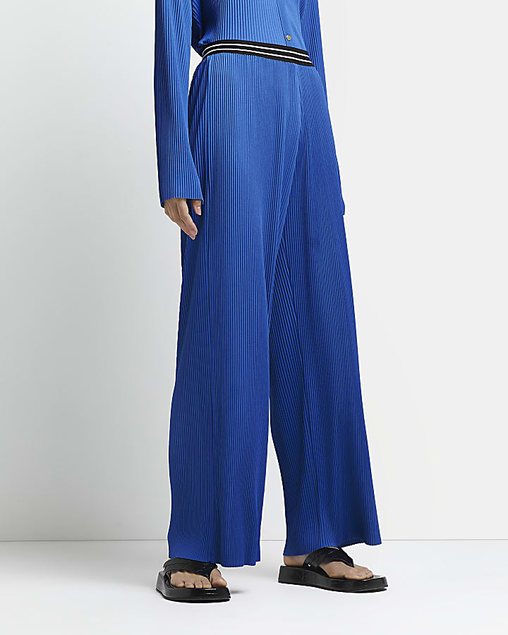 Blue plisse wide leg trousers