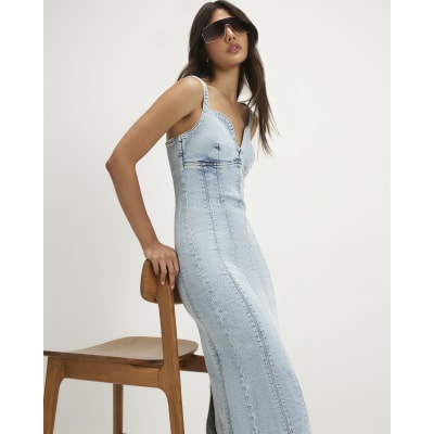 Blue Plunge Neckline Bodycon Denim Dress