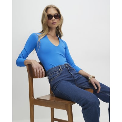 Blue Plunge Neckline Long Sleeve Bodysuit