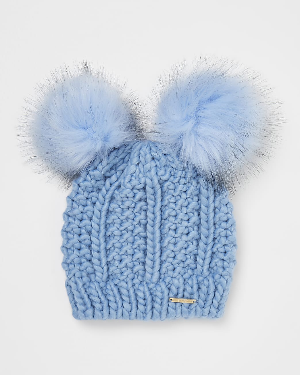 Blue pom pom cable knitted beanie hat