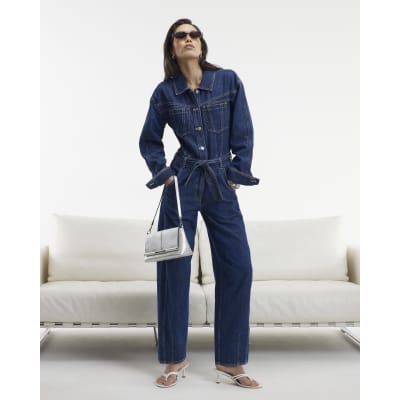 Blue Premium Belted Barrel Leg Denim Jumpsuit