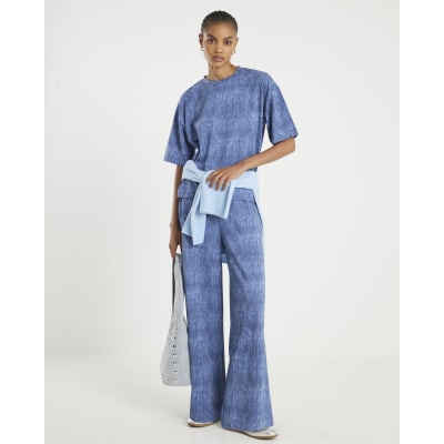 Blue Premium Crinkle Effect Wide Leg Joggers