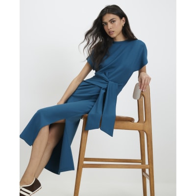 Blue Premium Short Sleeve Tie Side Midi Dress | River Island